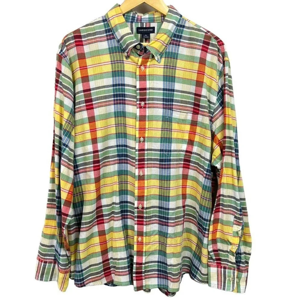 LANDS END Mens Plaid Button Down Shirt Long Sleeve Multicolor Size XL 17-17 1/2